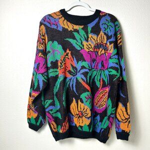 Vintage Esprit Sport Sweater Size L Tropical Floral Novelty Pullover 80's